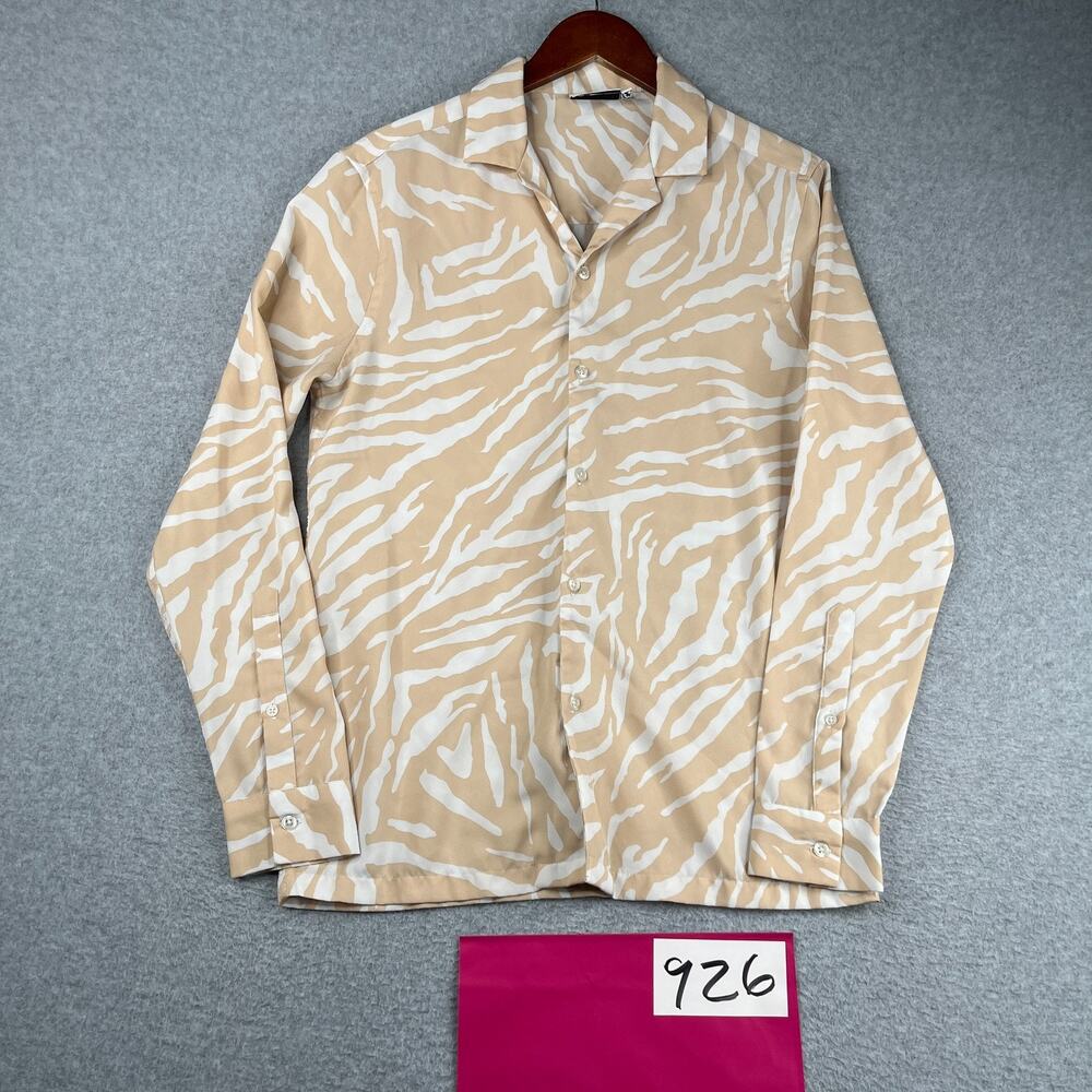 Asos Design Shirt XS Beige White Tropical Button Up Long Sleeve Mens